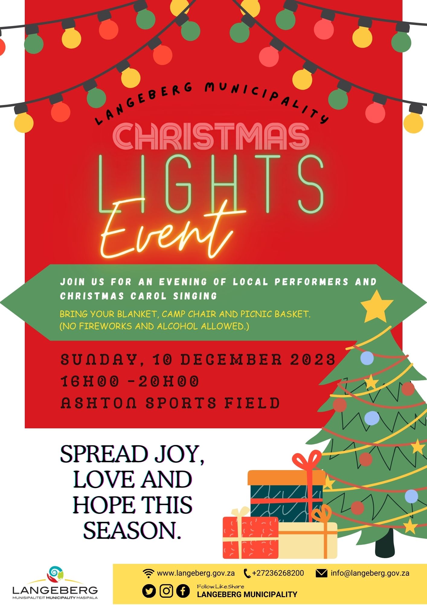 Join us for an evening of local performers and Christmas carol singing Sunday 3 December 2023 18h30 21h00 Ashton Sports Field