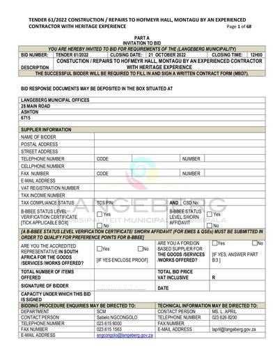 TENDER 61/2022: CONSTRUCTION / REPAIRS TO HOFMEYR HALL, MONTAGU BY AN EXPERIENCED CONTRACTOR WITH HERITAGE EXPERIENCE