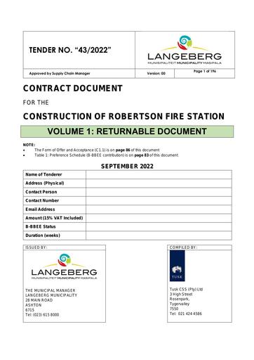 TENDER 43/2022: CONSTRUCTION OF ROBERTSON FIRE STATION