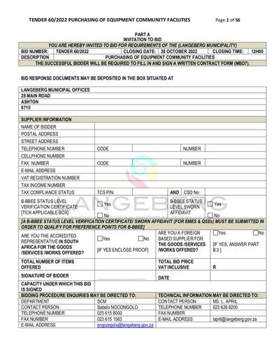 TENDER 60/2022: PURCHASING OF EQUIPMENT COMMUNITY FACILITIES