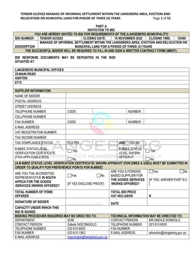 TENDER 63/2022: MANAGE OF INFORMAL SETTLEMENT WITHIN THE LANGEBERG AREA. EVICTION AND RELOCATION ON MUNICIPAL LAND, FOR A PERIOD OF THREE (3) YEARS