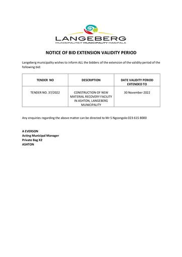 T37/2022 NOTICE OF BID EXTENSION VALIDITY PERIOD